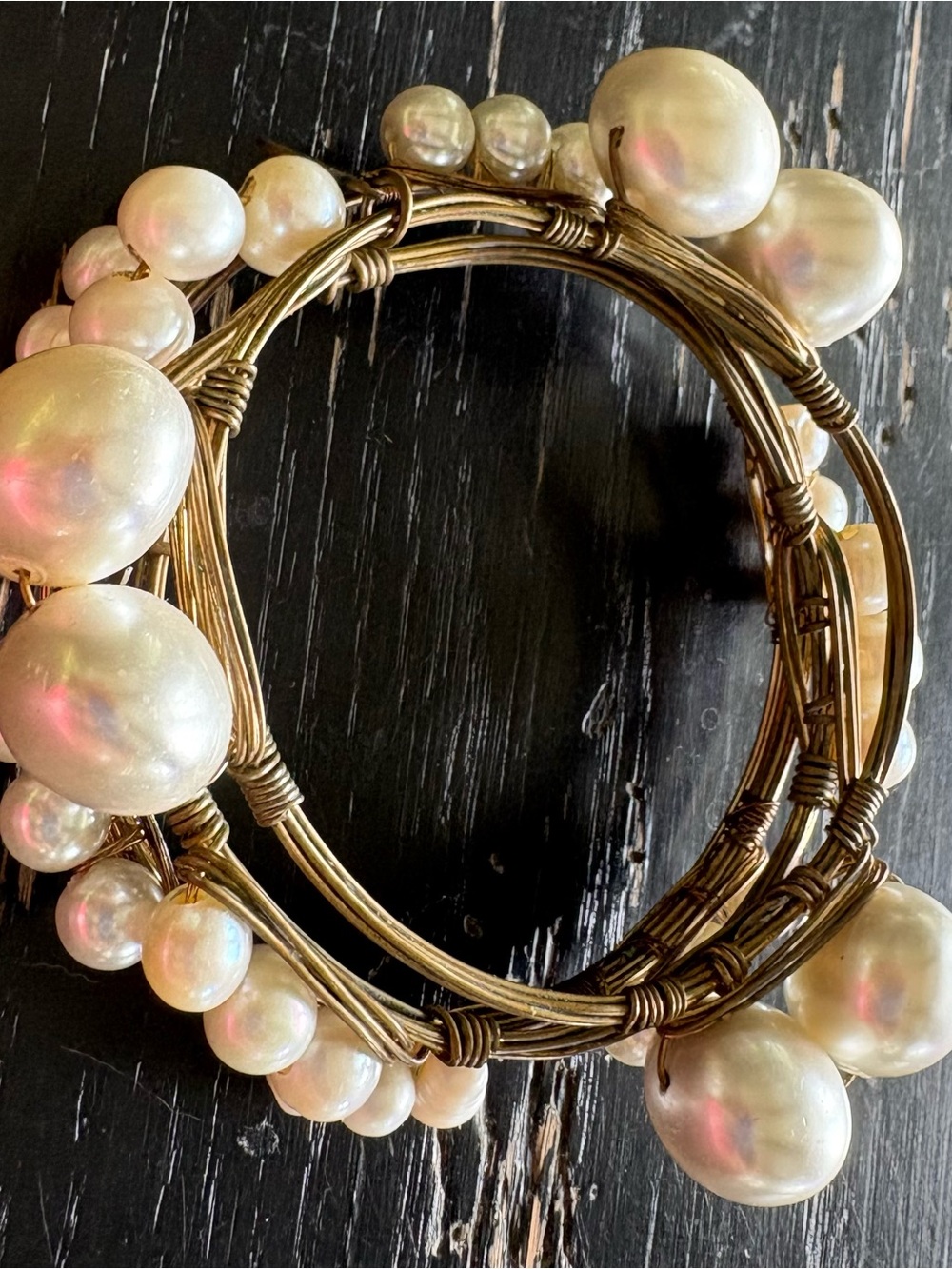 Gold Wire Faux Pearl Multi-Strand (4) Bangle Bracelet